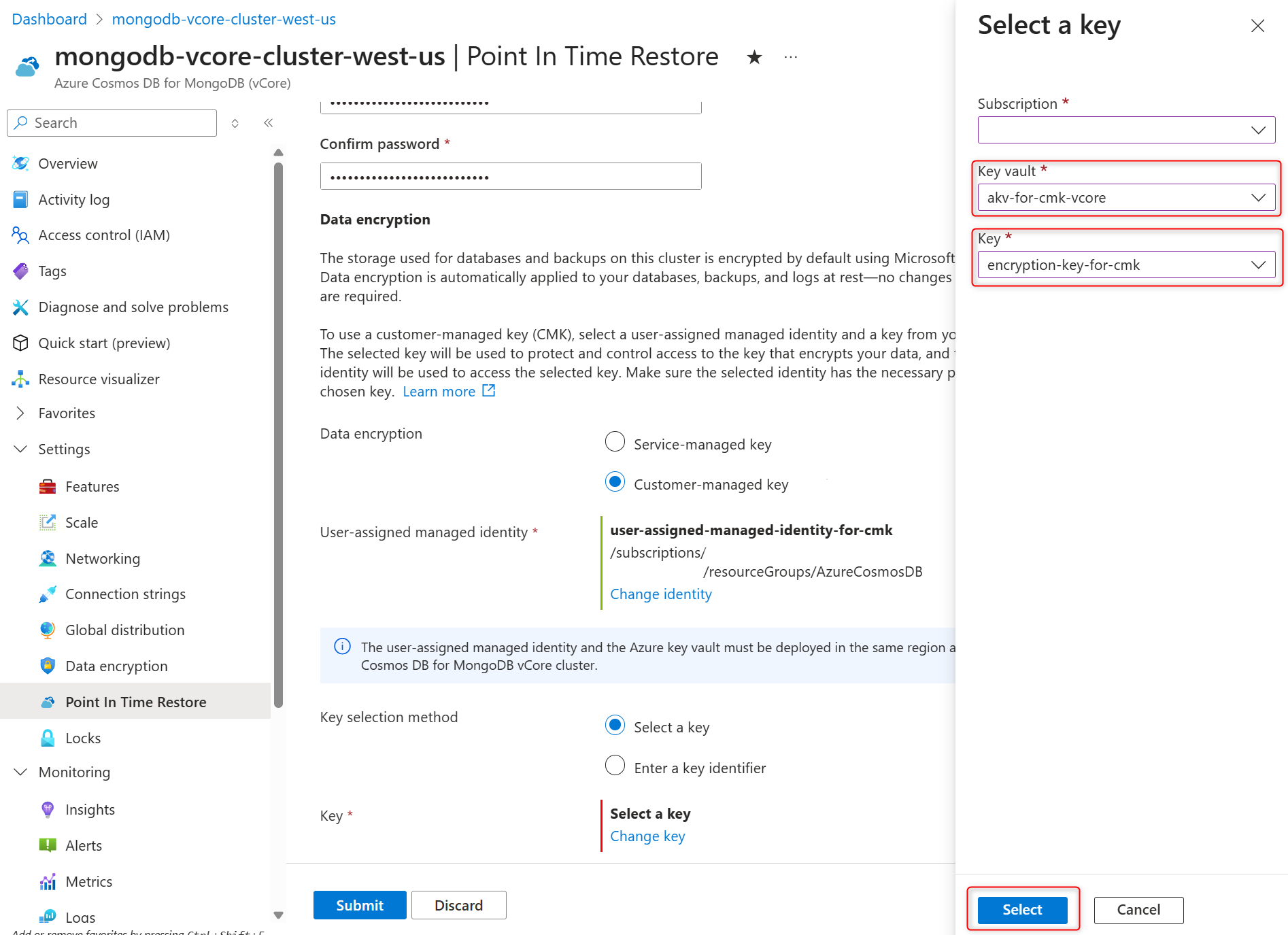 Screenshot that shows how to select key vault and encryption key in that key vault to be used as a customer-managed key during cluster restore.