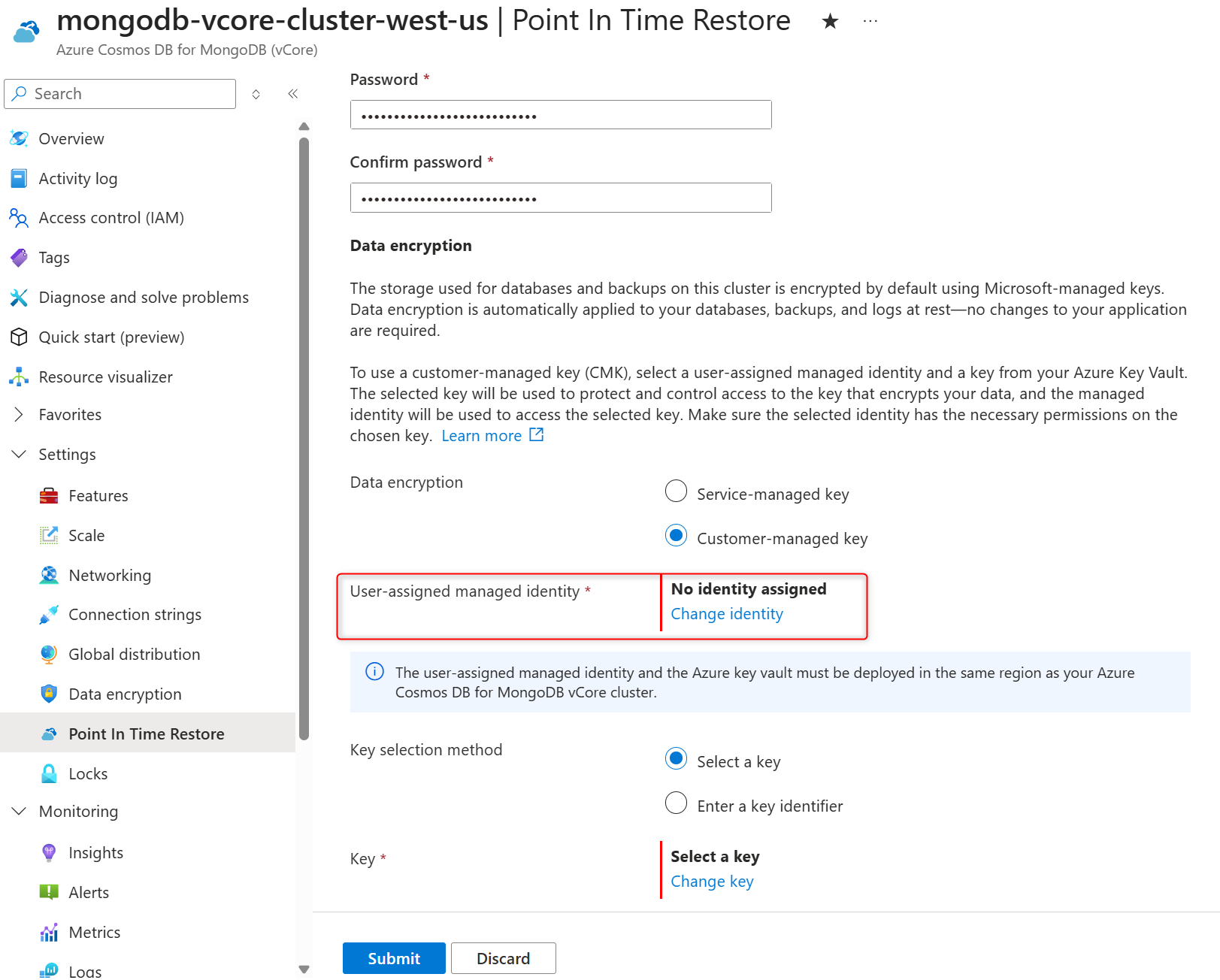 Screenshot that shows how to select the user-assigned managed identity to access the data encryption key during cluster restore.