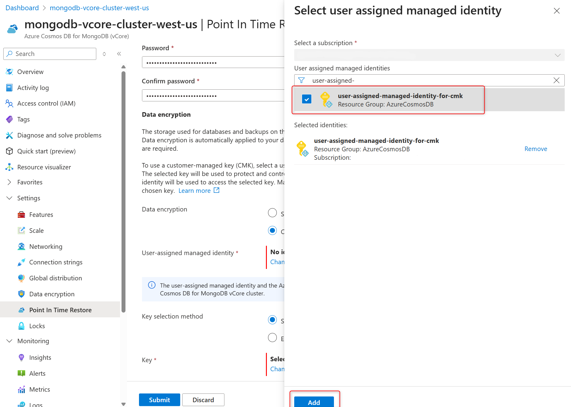 Screenshot that shows how to select the user-assigned managed identity, which the cluster uses to access the data encryption key, during cluster restore.