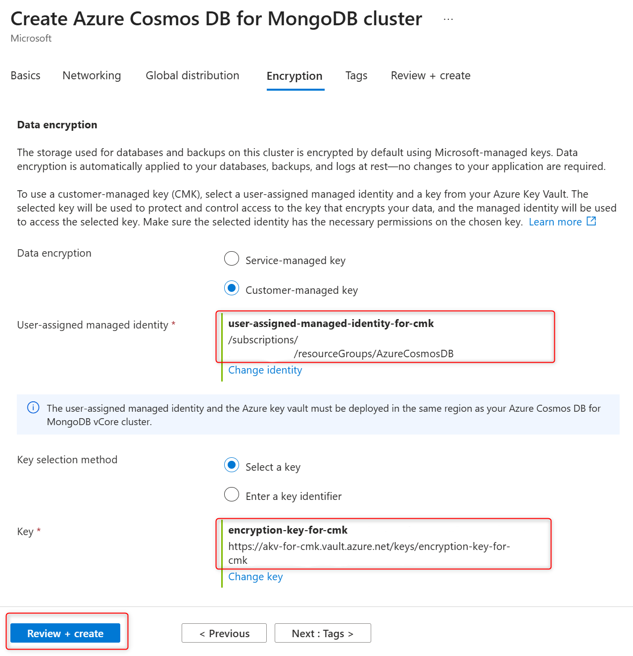 Screenshot that shows completed Encryption tab and review + create button for cluster creation completion.