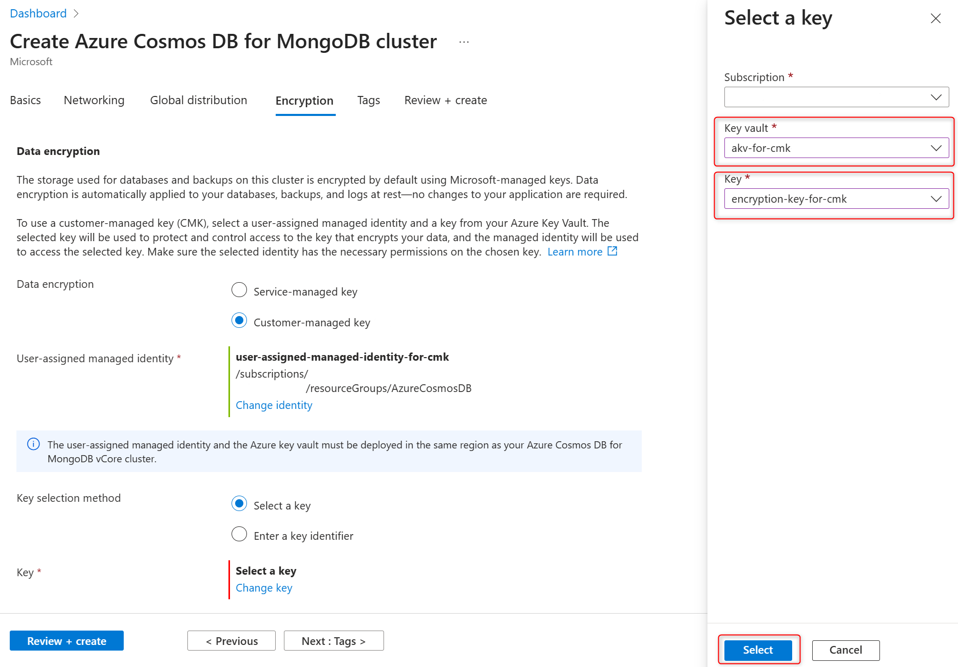 Screenshot that shows how to select another encryption key.