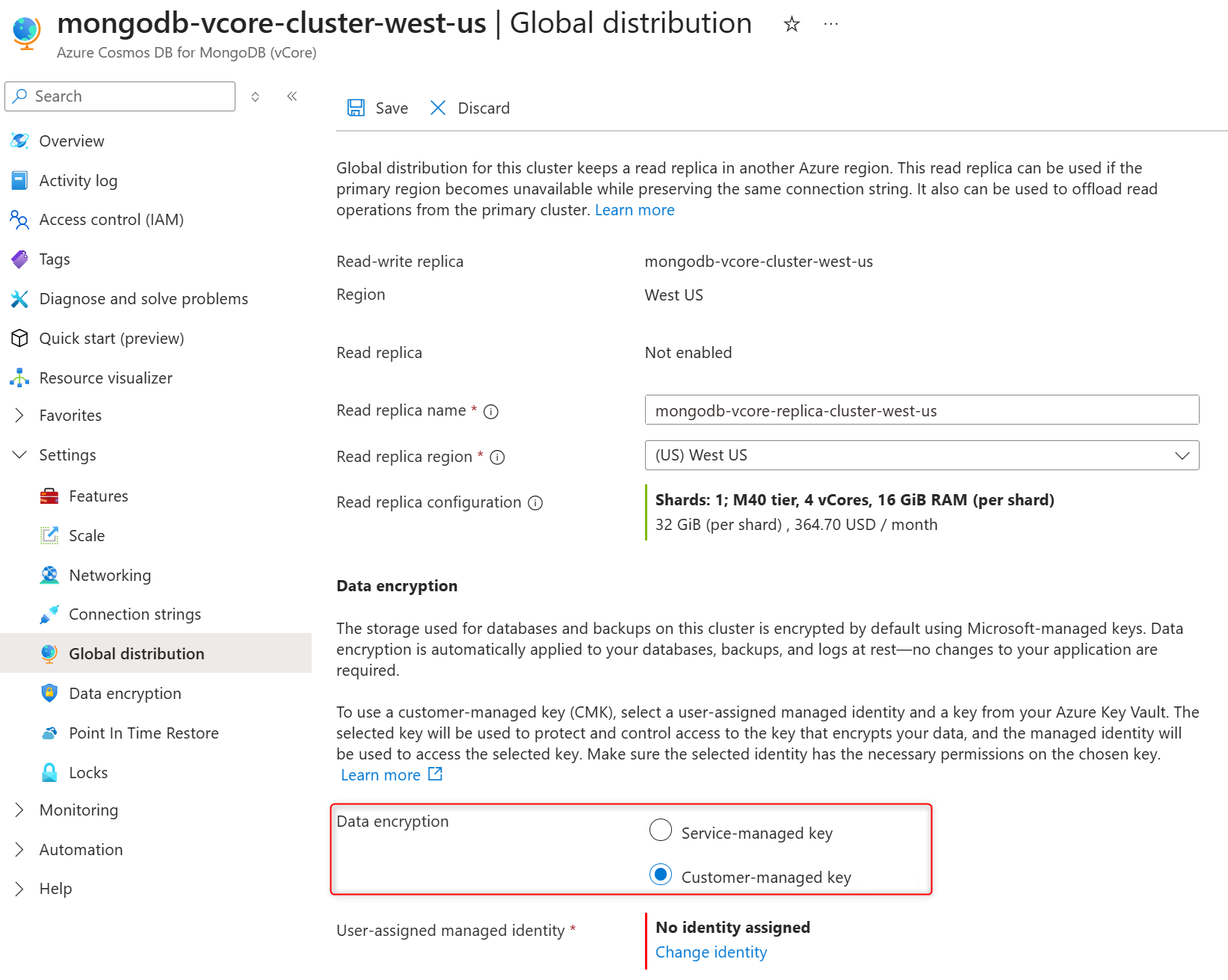 Screenshot that shows how to select the customer-managed encryption key or service-managed encryption key during replica cluster creation.