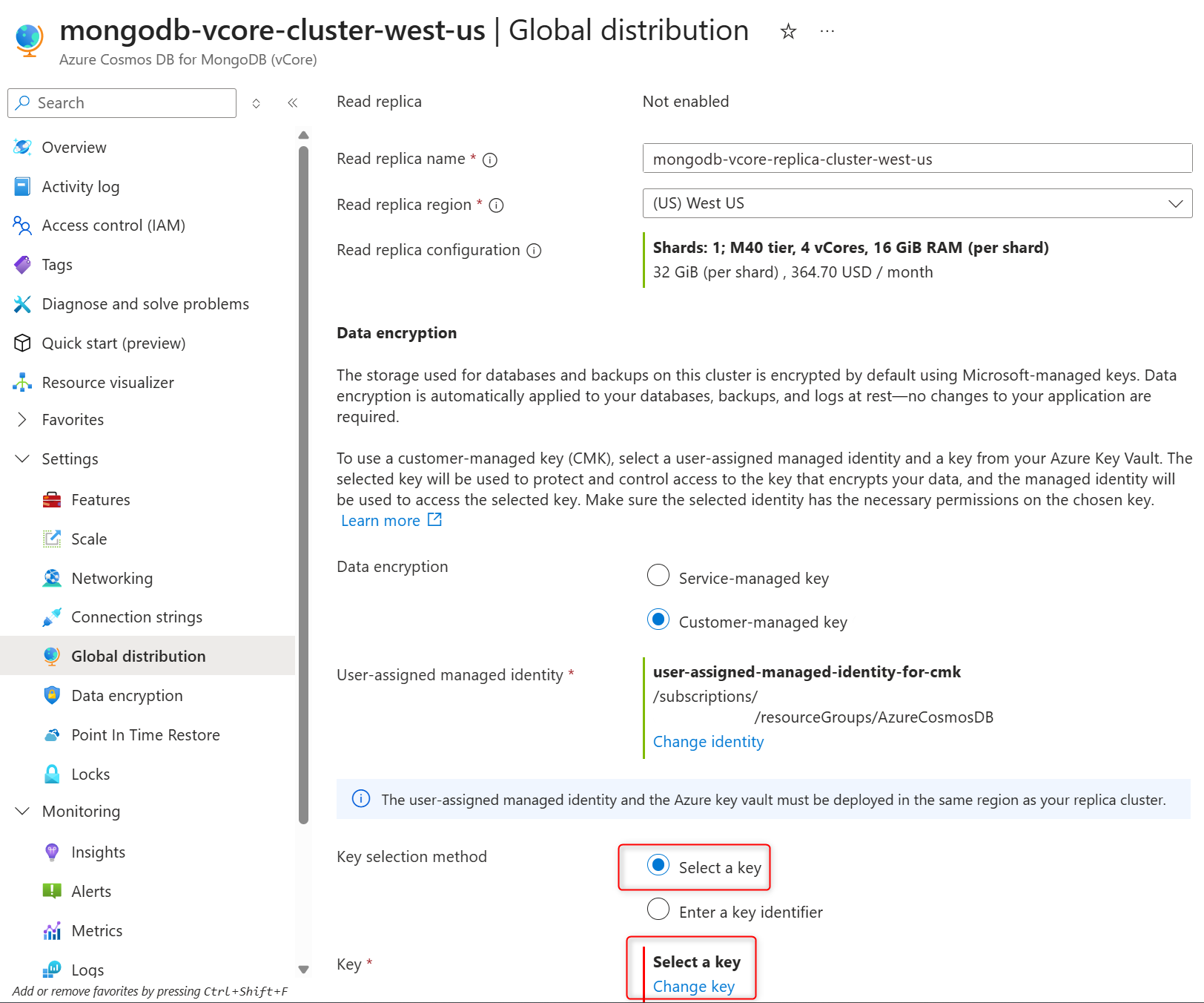 Screenshot that shows how to open the encryption key selection panel during replica cluster creation.