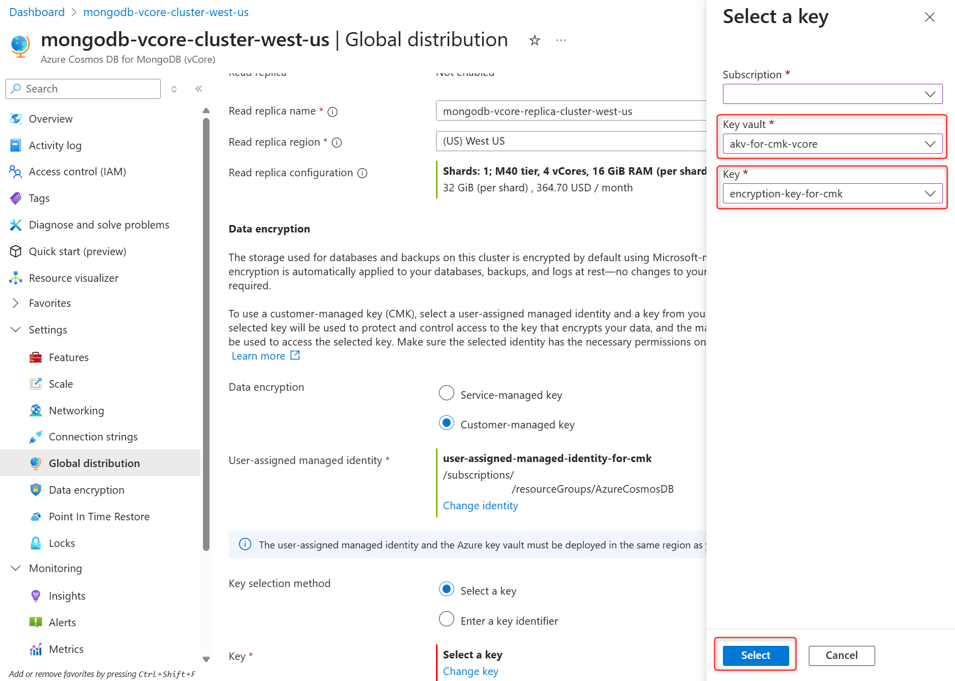 Screenshot that shows how to select key vault and encryption key in that key vault to be used as a customer-managed key during replica cluster creation.