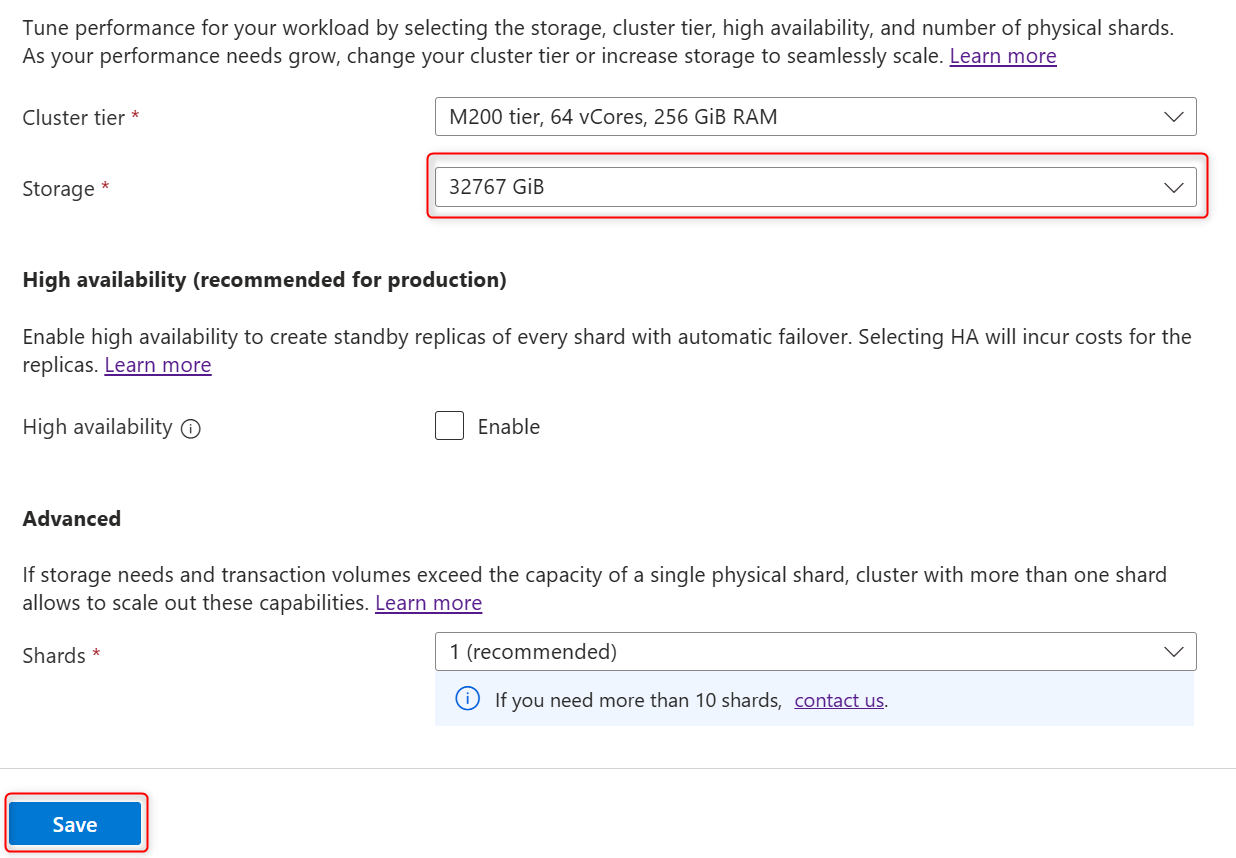 Screenshot of the storage per physical shard option in the Scale page of a cluster.