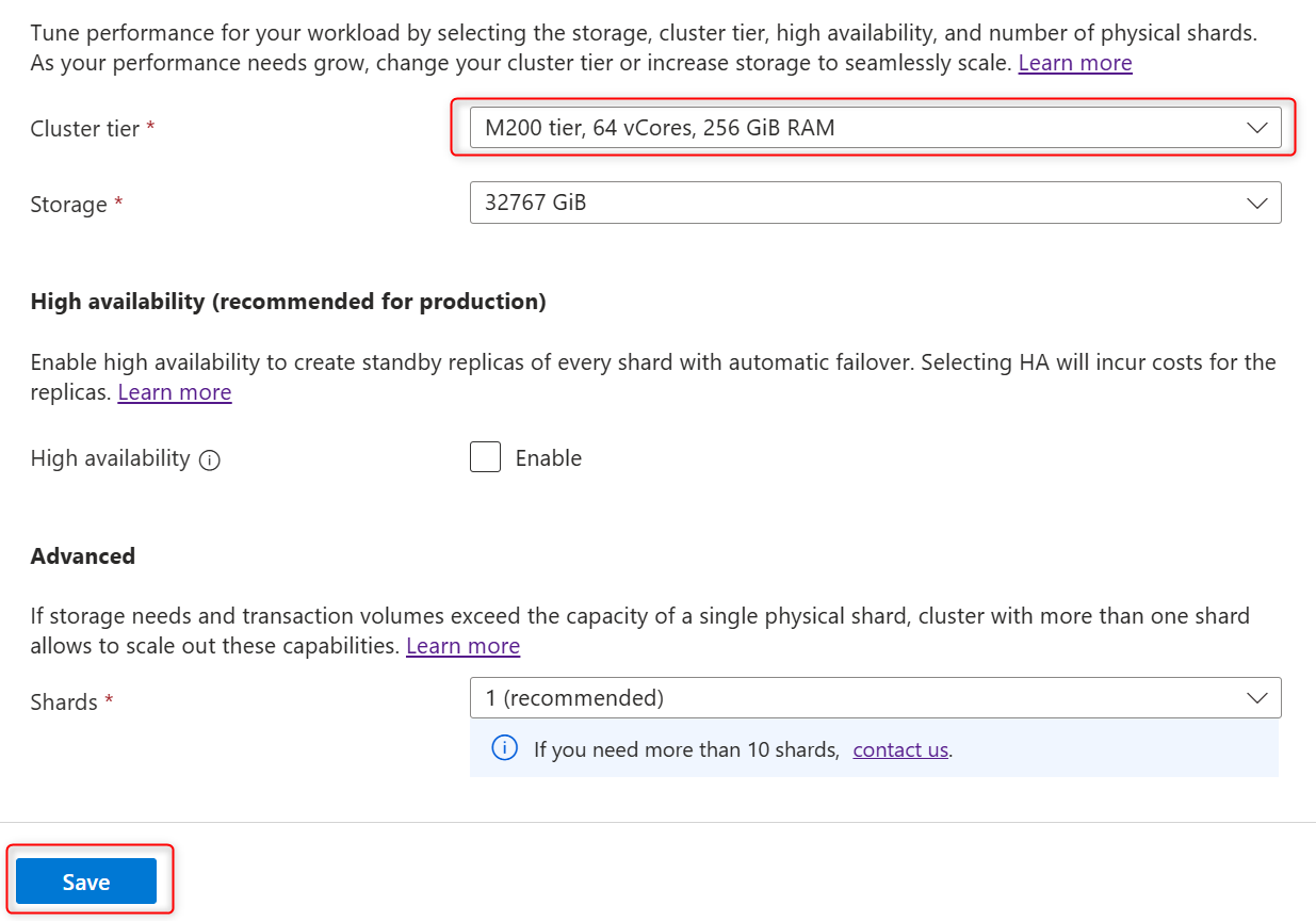 Screenshot of how to change the cluster compute tier on the Scale page of a cluster and save changes.