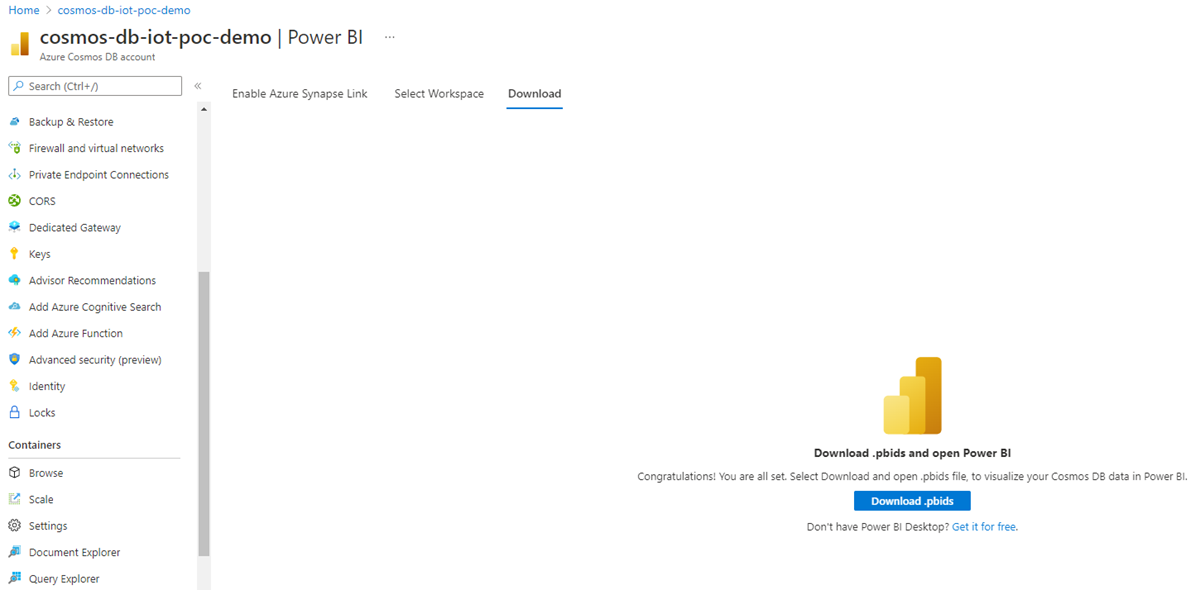 Screenshot that shows how to download the Power BI desktop files in .pbids format.