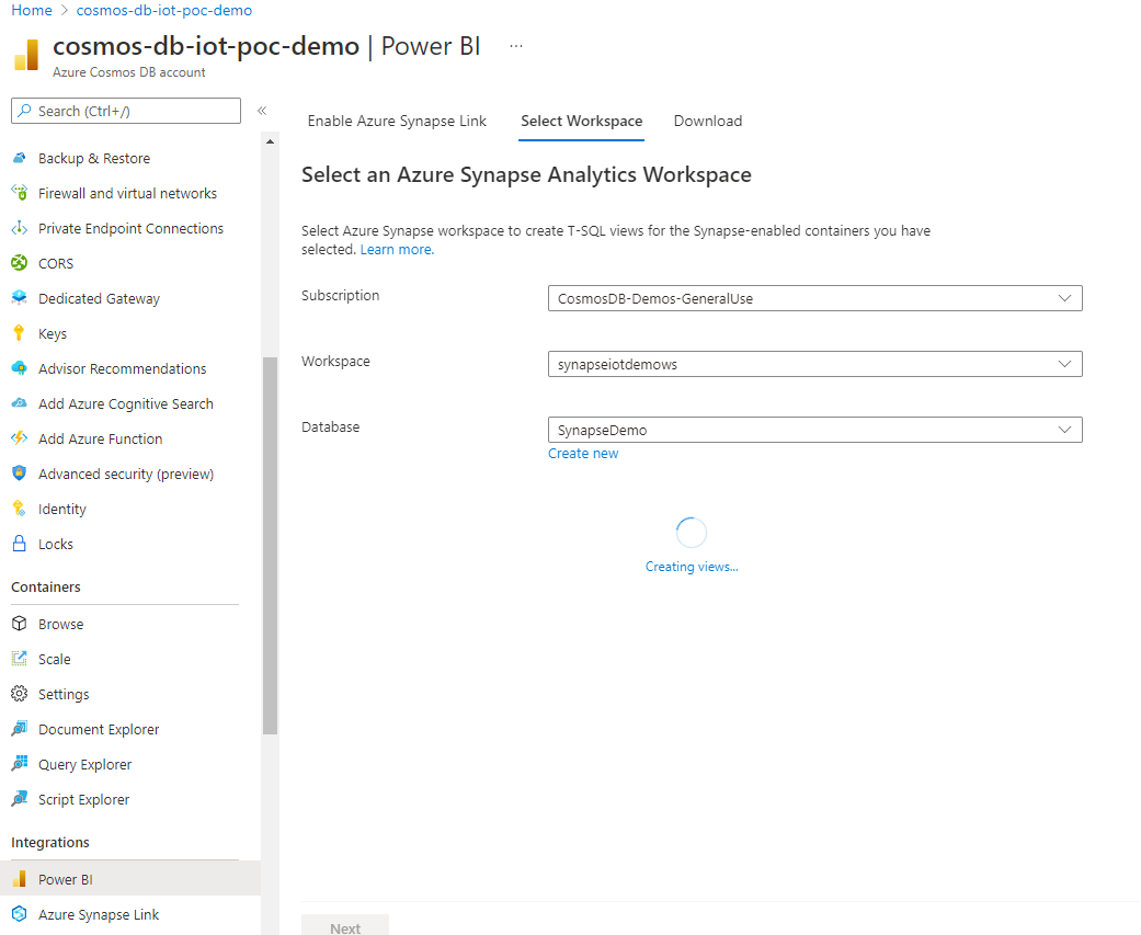 Screenshot that shows how to connect to Azure Synapse Link workspace and create views.