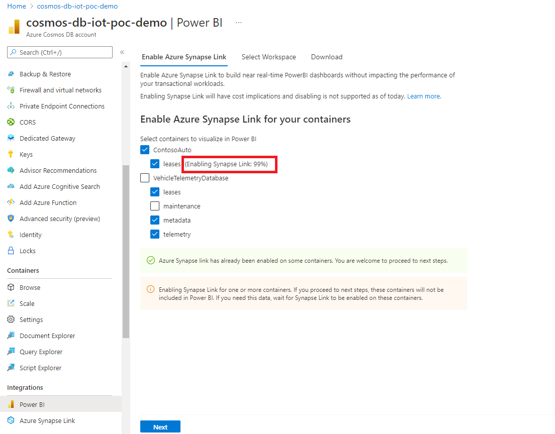 Screenshot that shows progress of Azure Synapse Link enabled on existing containers.