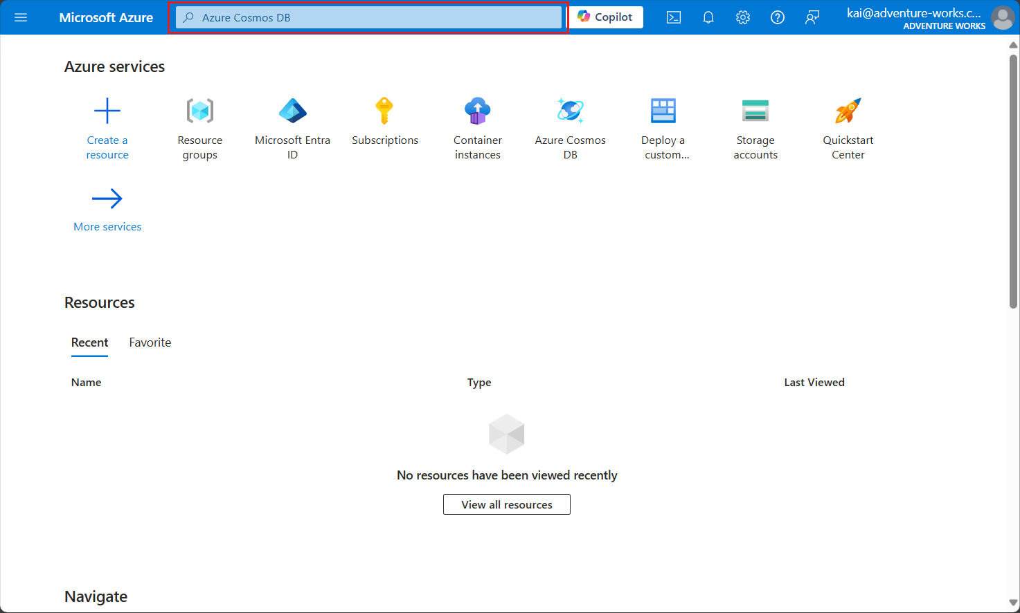 Screenshot of the global search bar in the Azure portal.