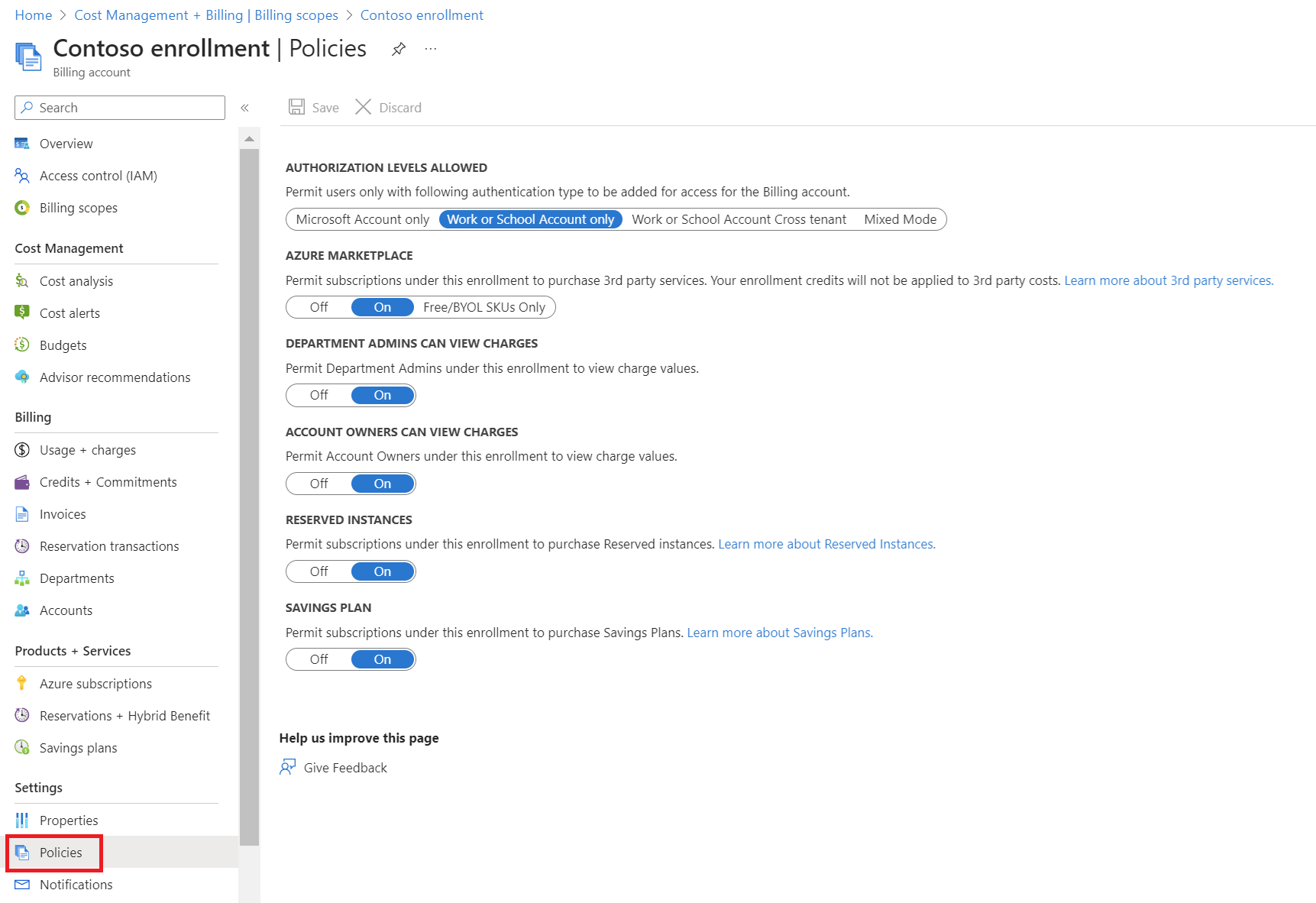 Screenshot showing the Policies page and options.