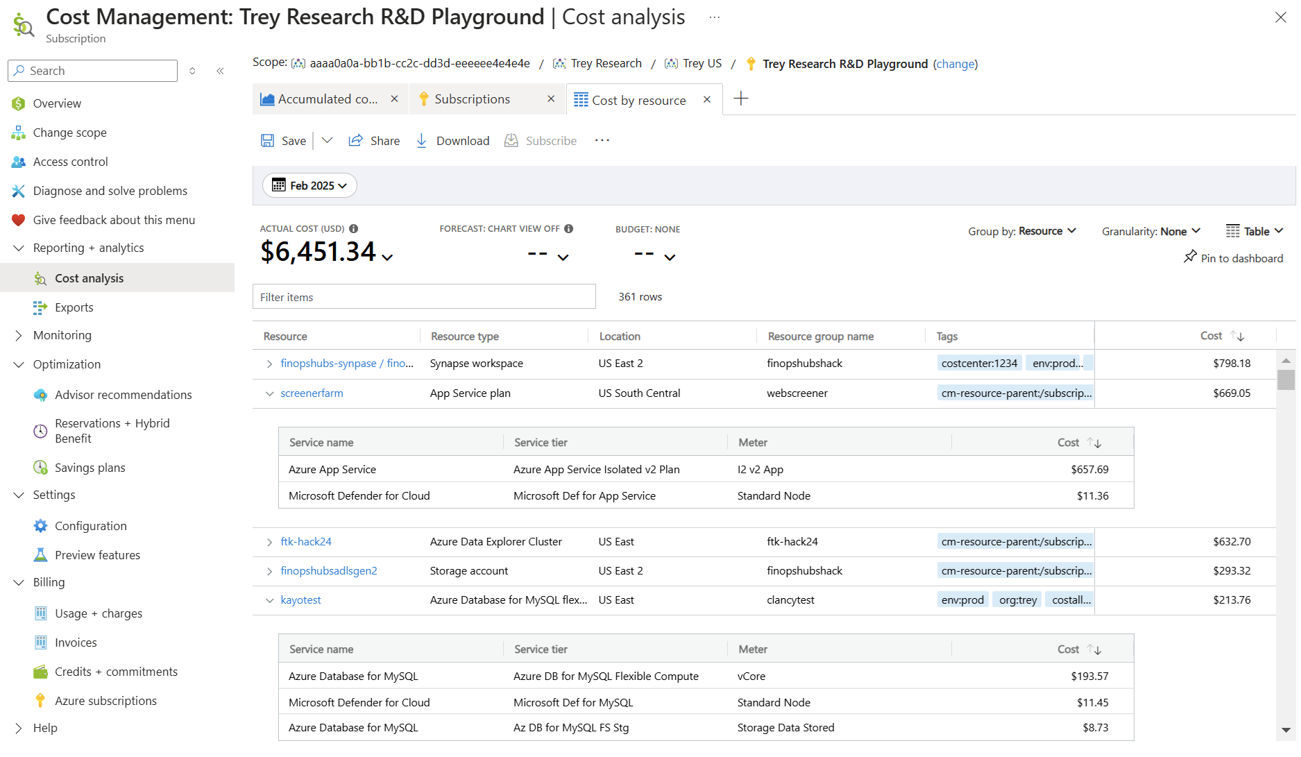 Screenshot showing an example of the Cost by resource view.