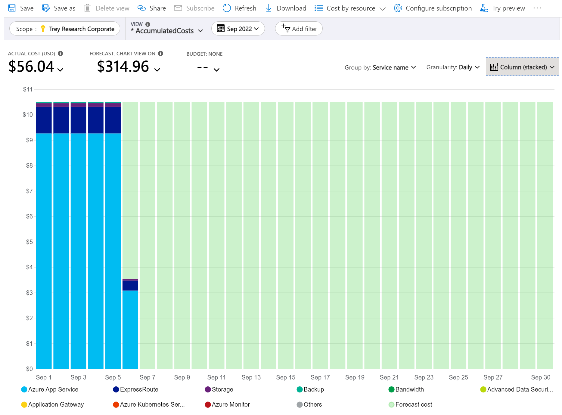 Screenshot showing costs for the current month grouped by Service name.