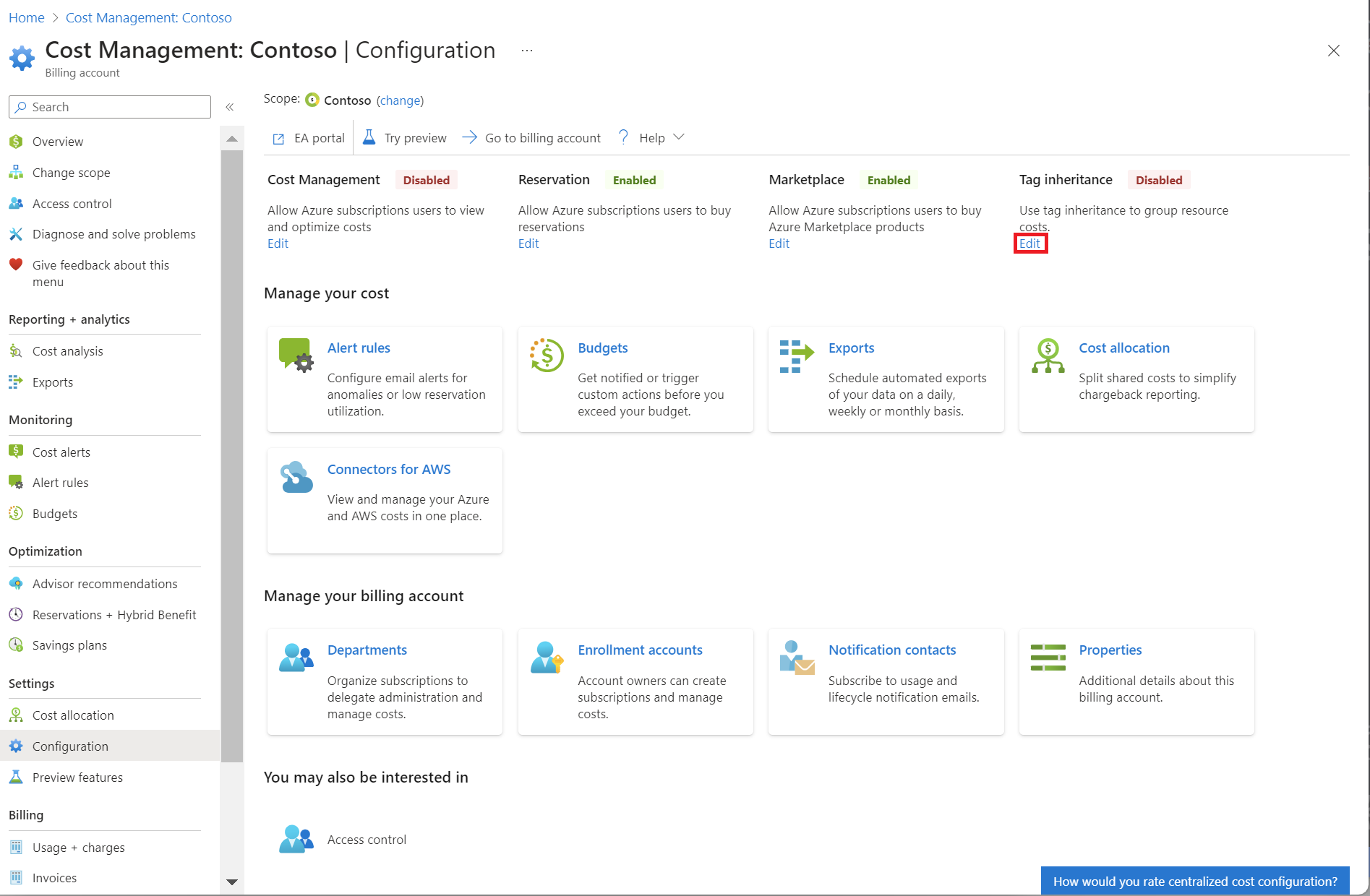 Screenshot showing the Edit option for Tag inheritance for an EA billing account.