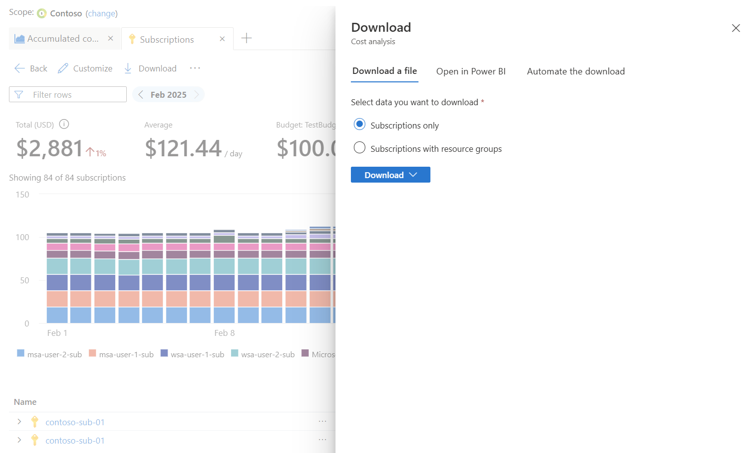 Screenshot showing the Download options in Cost Analysis.