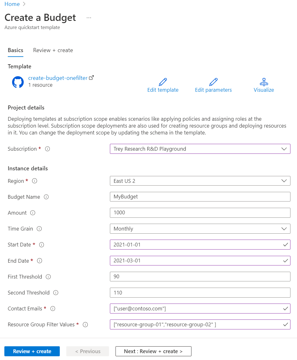 Screenshot showing the Resource Manager template, Create budget with one filter, deploy portal.
