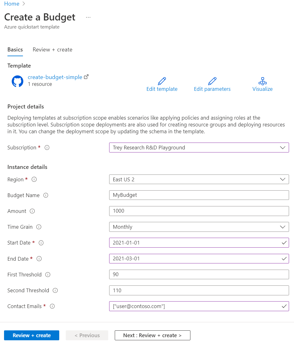 Resource Manager template, Create budget without a filter, deploy portal.