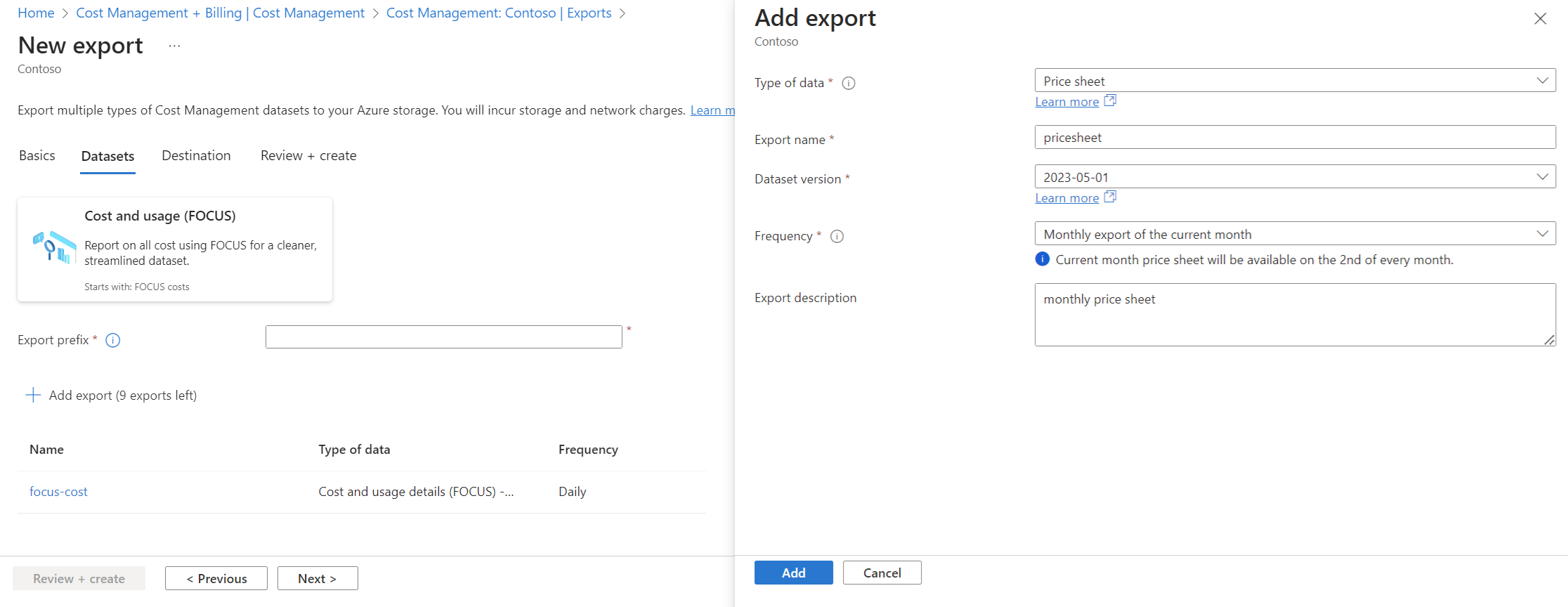 Screenshot showing the Add export dialog.