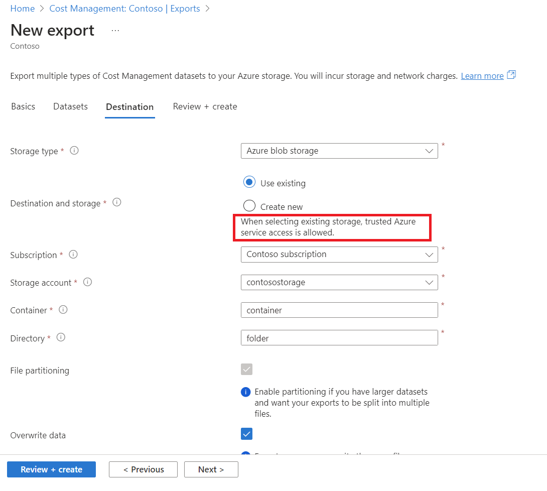Screenshot showing the trusted Azure service access is allowed note.