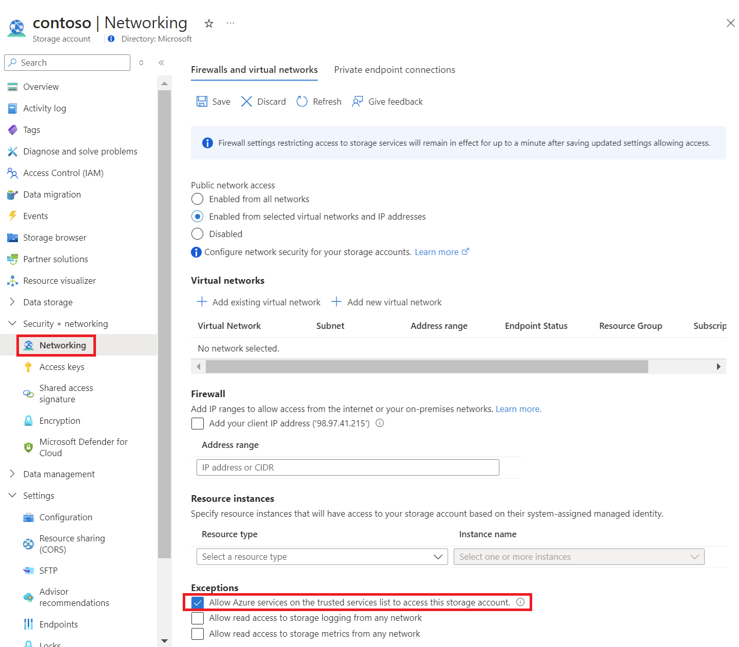 Screenshot showing Allow Azure services on the trusted services list exception option.