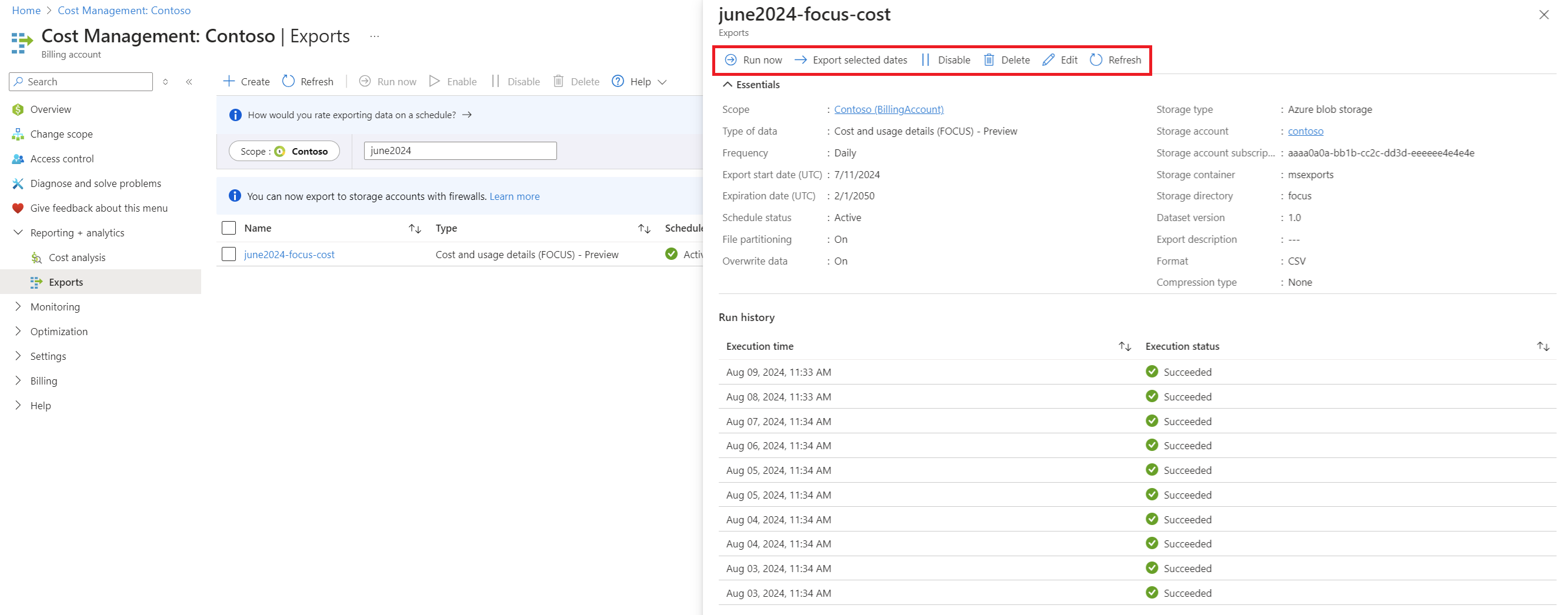 Screenshot showing the Export run history.