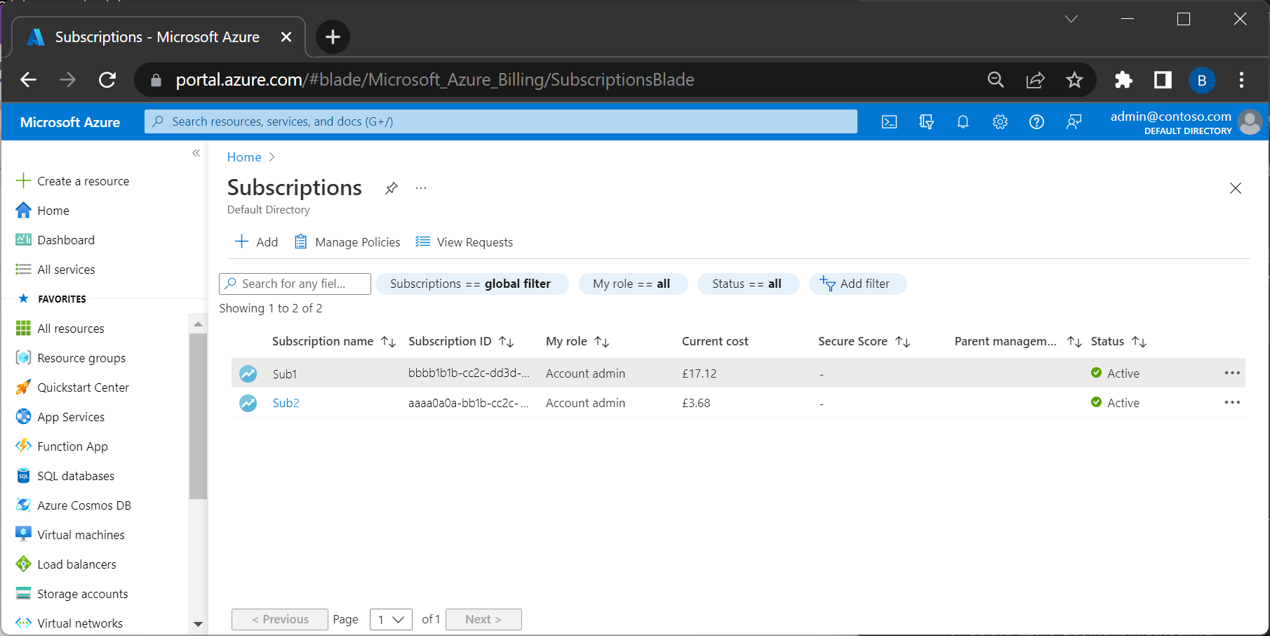 Screenshot showing navigation to the Subscriptions page.