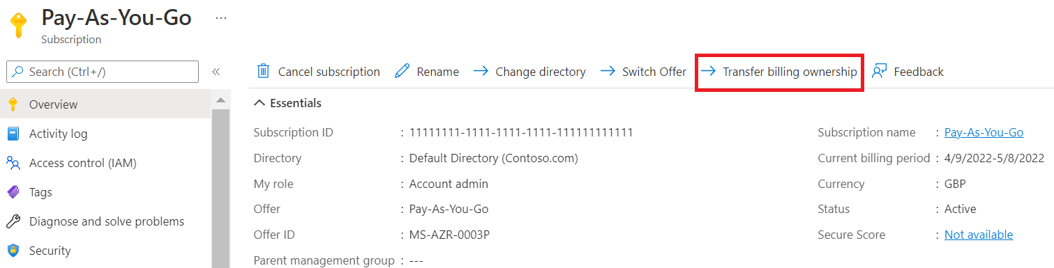 Screenshot showing the Transfer billing ownership option.