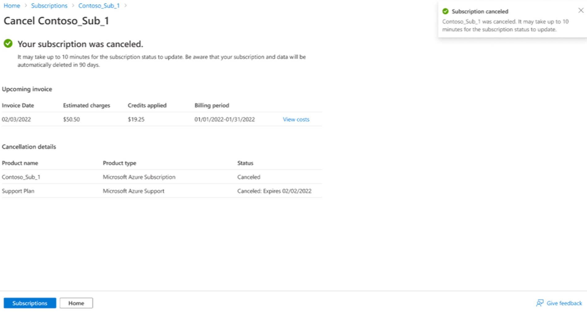 Screenshot showing that subscription cancellation status.