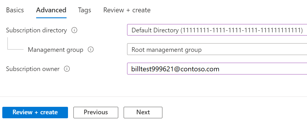Screenshot showing the Advanced tab where you specify the directory, management group, and owner for the EA subscription.