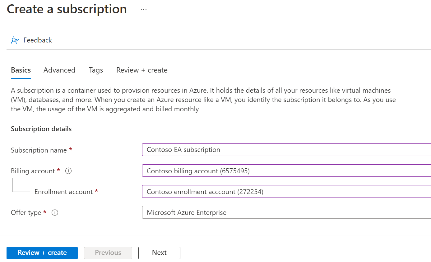 Screenshot showing the Basics tab where you enter basic information about the enterprise subscription.