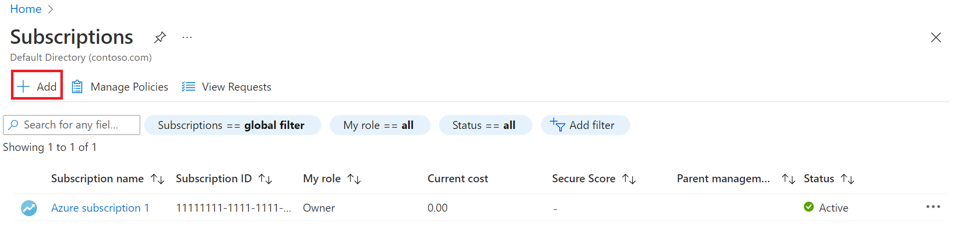 Screenshot showing the Subscription page where you Add a subscription.