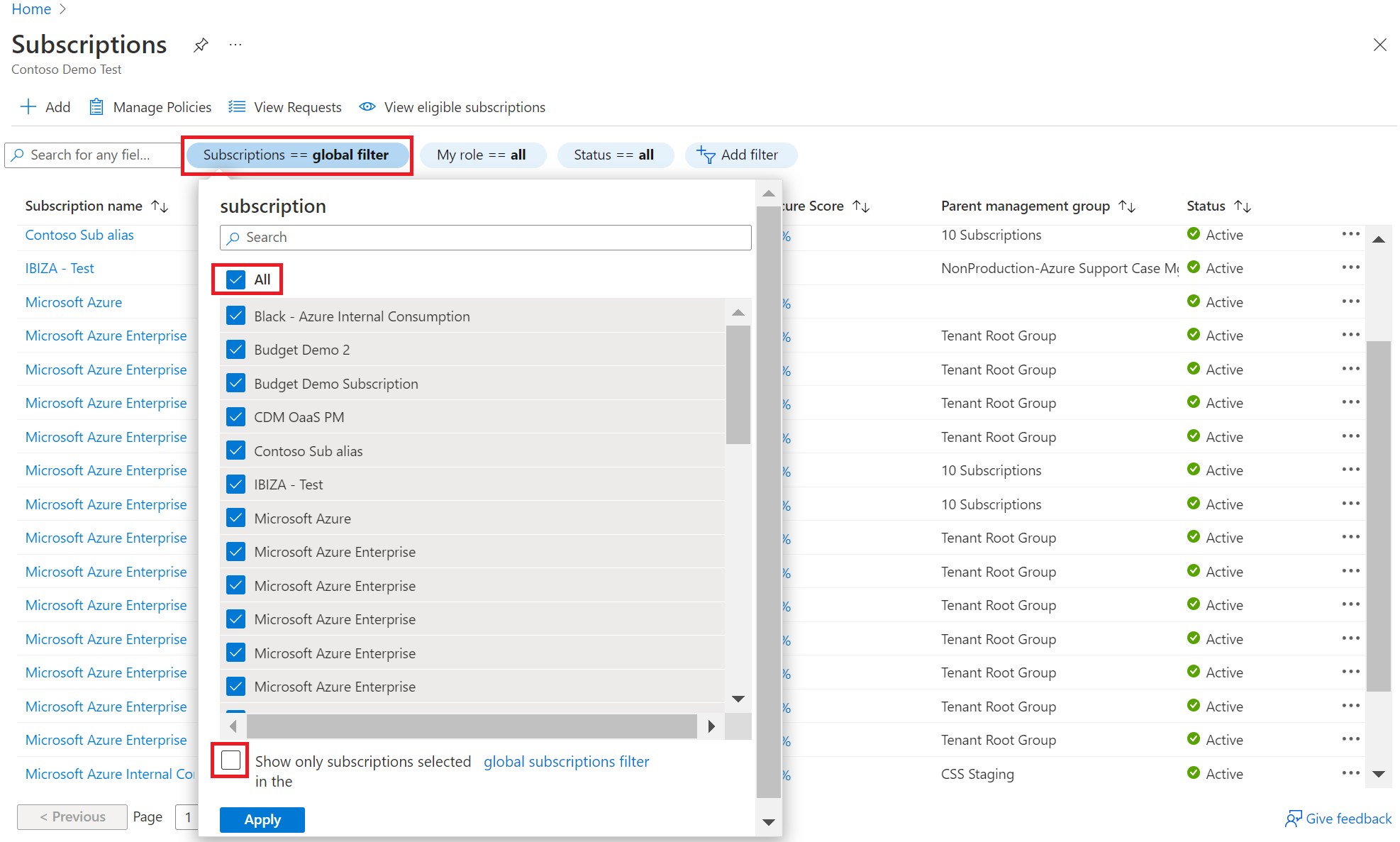 Screenshot showing the Subscriptions filter box with options.