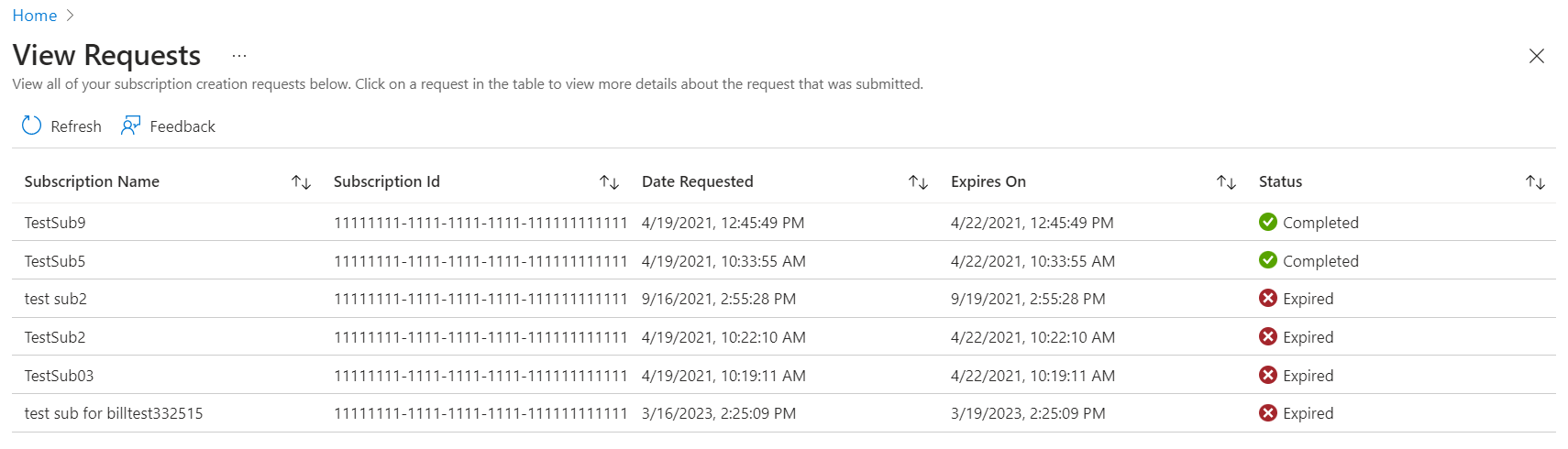 Screenshot showing View Requests page that lists all subscription creation requests.