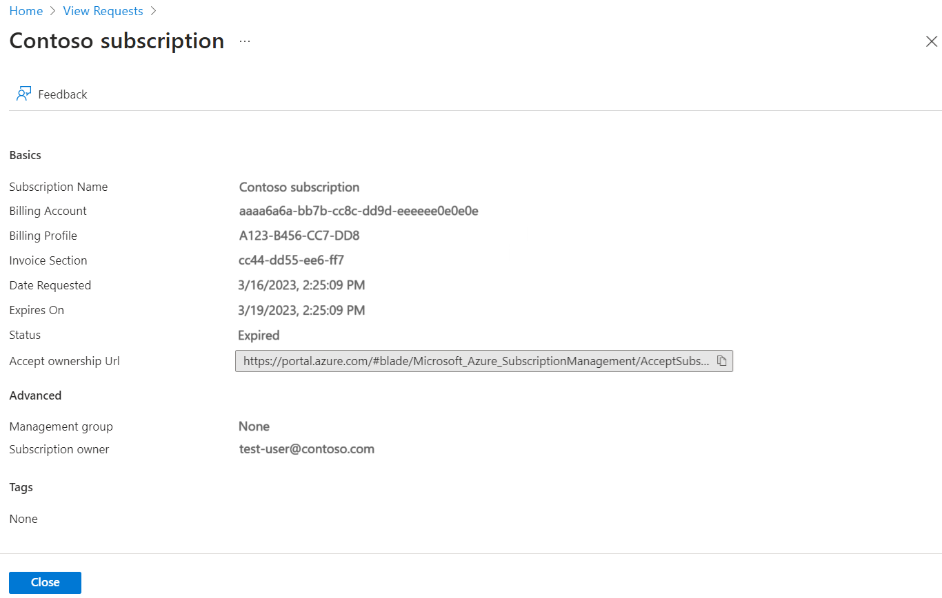 Screenshot showing request details to view Accept ownership URL.