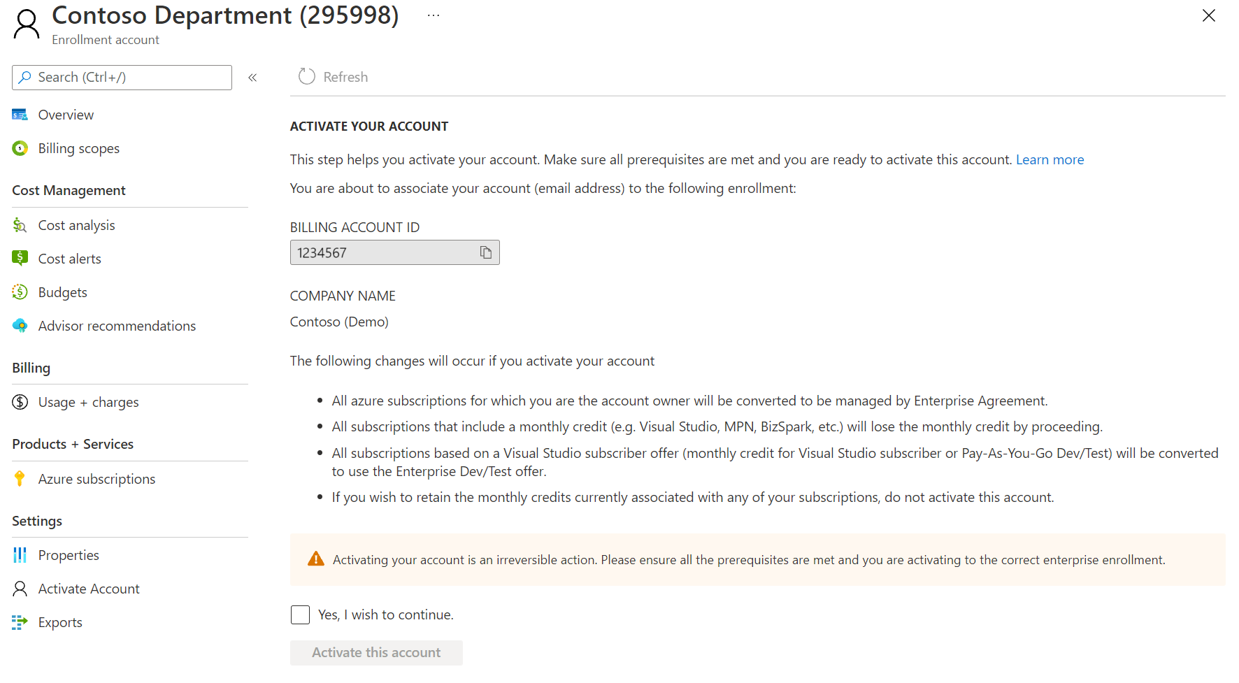 Screenshot showing the Activate Account page.