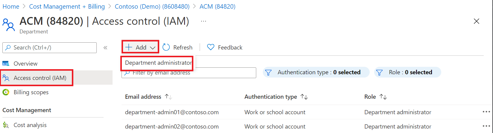 Screenshot showing navigation to Department administrator.