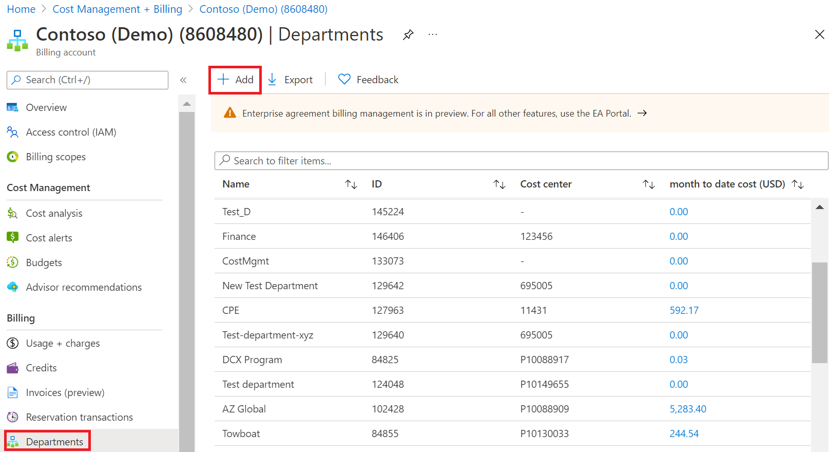 Screenshot showing navigation to add a department.