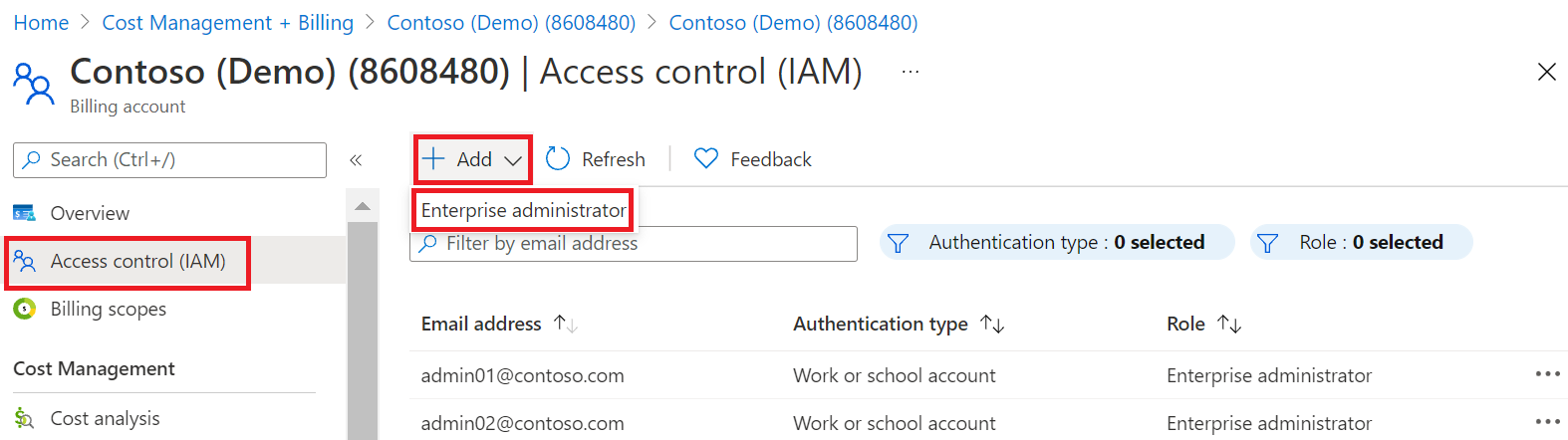 Screenshot showing navigation to Enterprise administrator.