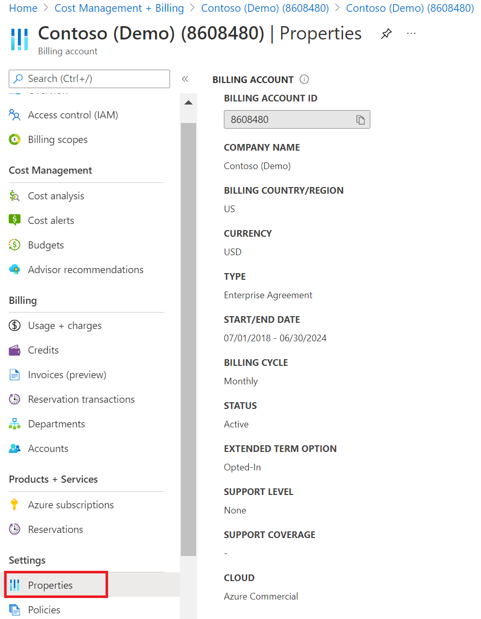 Screenshot showing billing account properties.