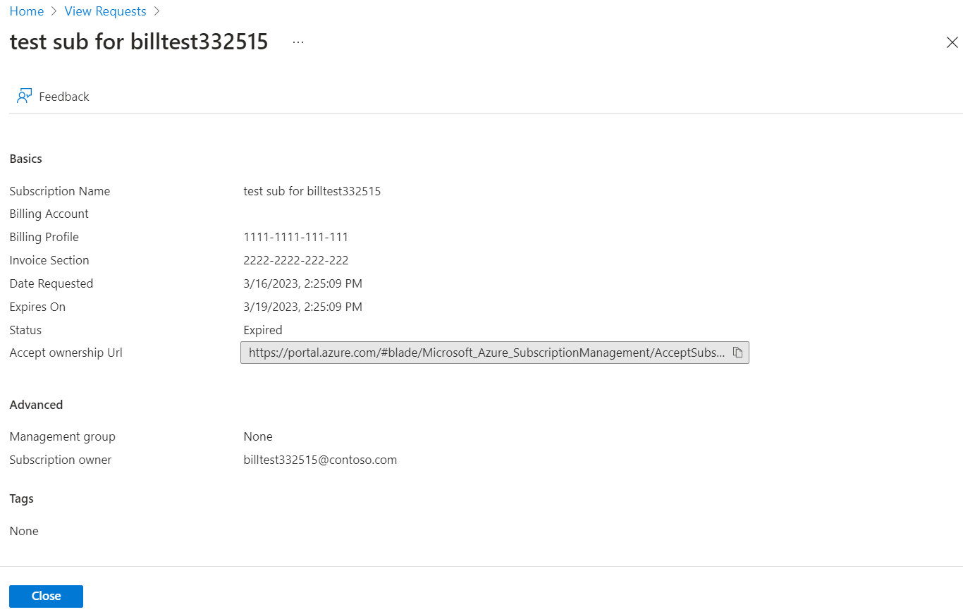 Screenshot showing request details to view Accept ownership URL.