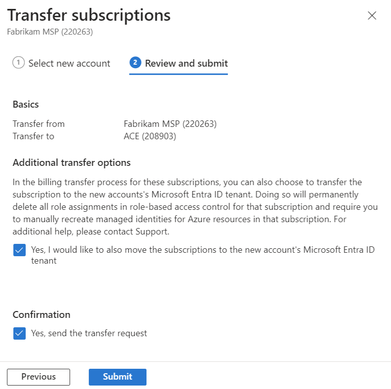 Screenshot showing the transfer subscription confirmation.