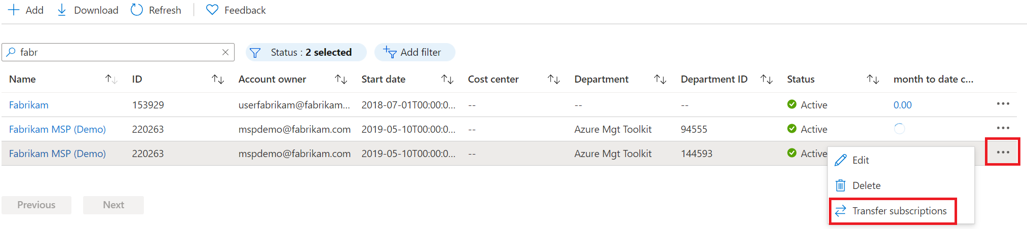 Screenshot showing where to transfer subscriptions.