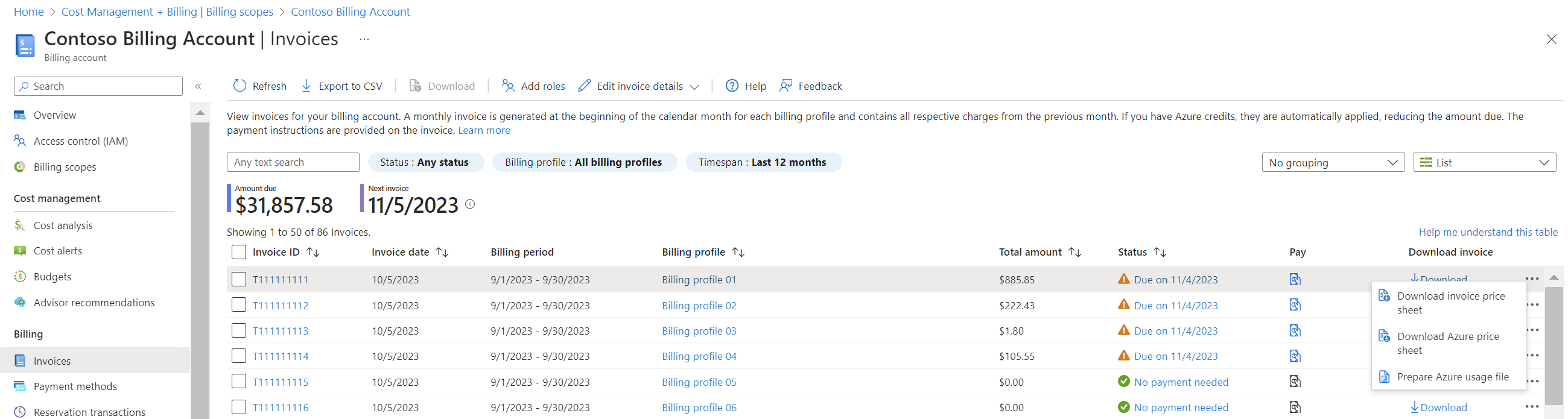 Screenshot that shows context menu with price sheets.
