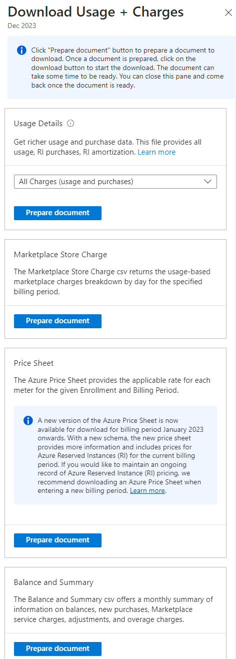 Screenshot shows the Download Usage + Charges options.