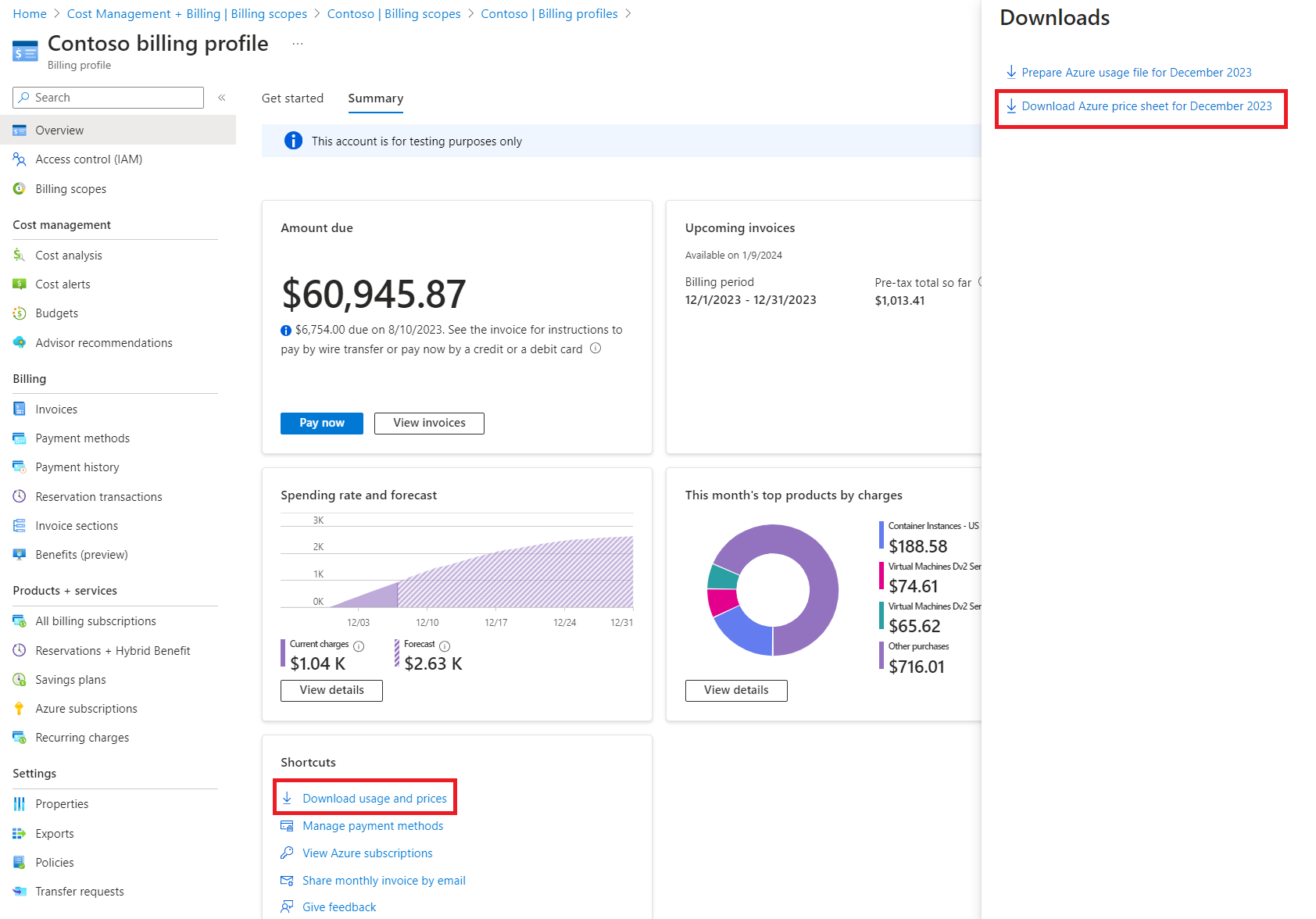 Screenshot that shows navigation to Download price sheet.