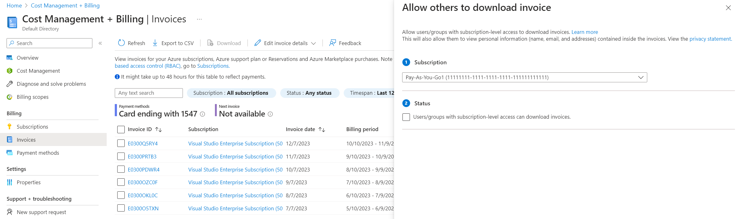 Screenshot shows Allow others to download invoice page.