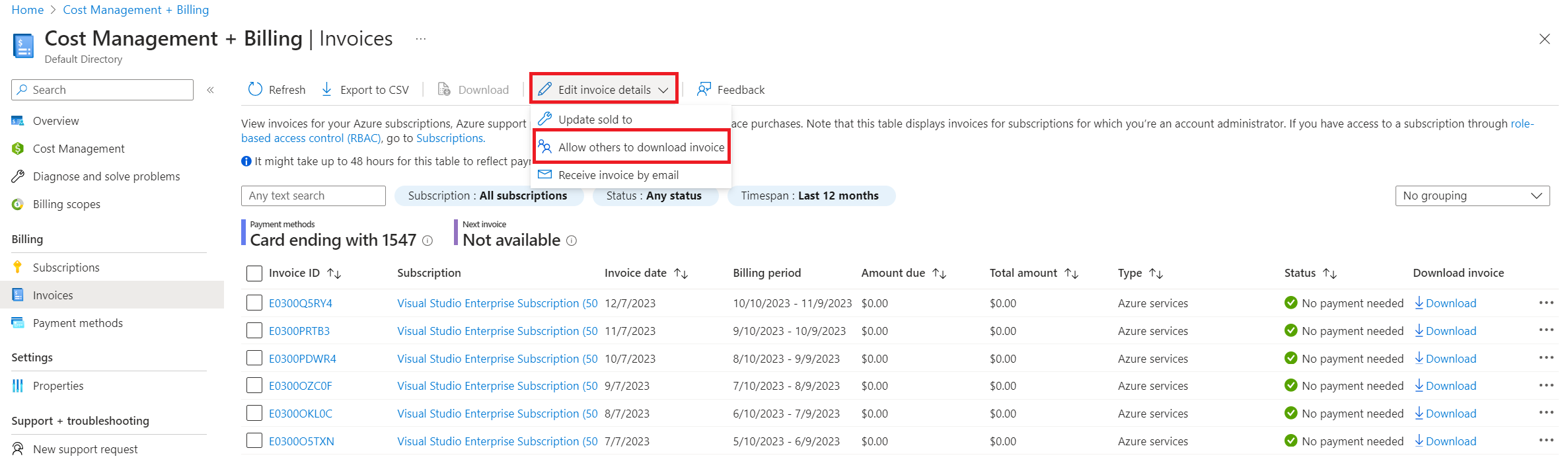 Screenshot shows navigation to Allow others to download invoice option.
