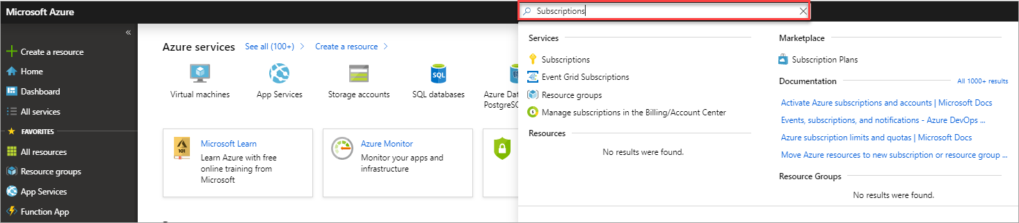 Screenshot that shows a search for a subscription.