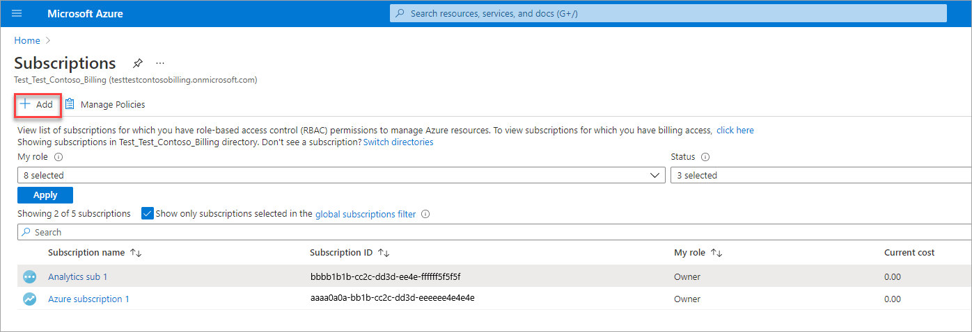 Screenshot that shows the Add option in the Subscriptions view for a new subscription.