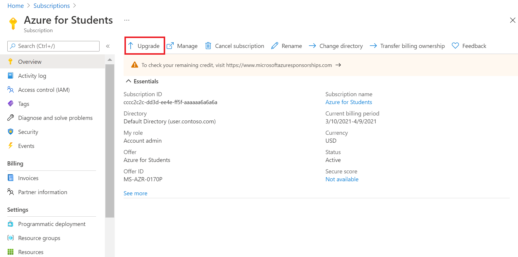 Screenshot that shows upgrade option for students.